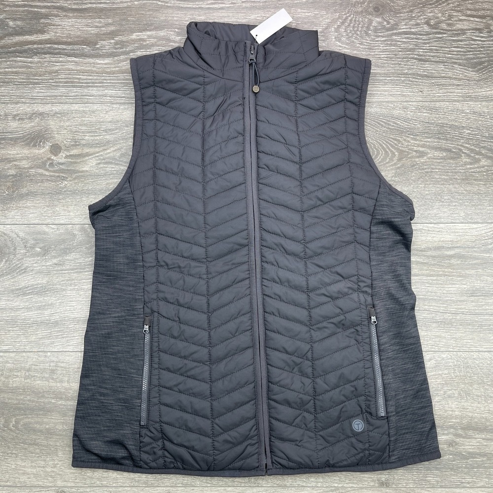 T by Talbots Womens S Black Quilted Vest Full Zip Stretch Side Panels NWT Flaw